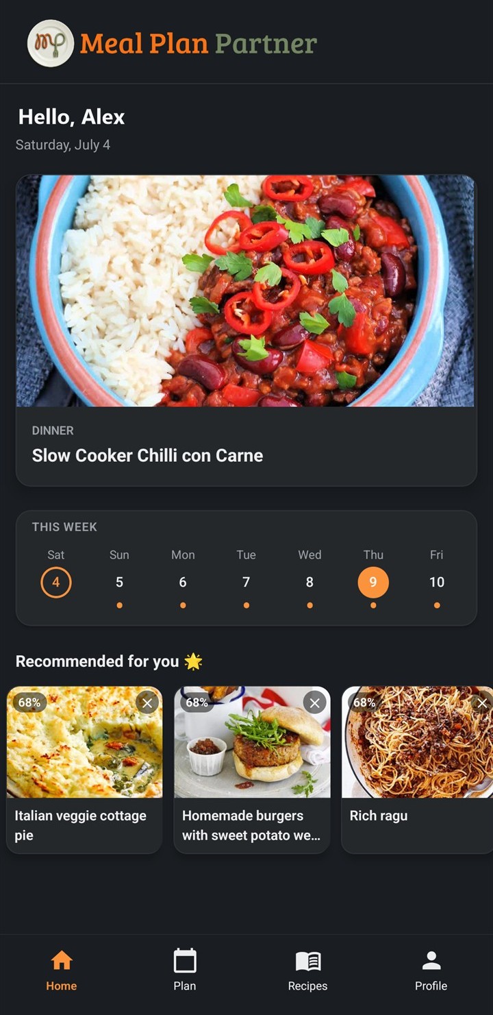 MealPlanPartner home screen in dark mode