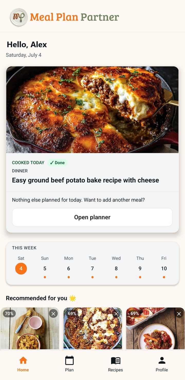 MealPlanPartner home screen showing tonight's dinner, the week ahead and suggested meals